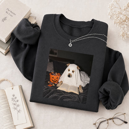 Cute Reading Ghost Dog Printed Sweatshirt | Halloween Book Lover Gift Dark Heather