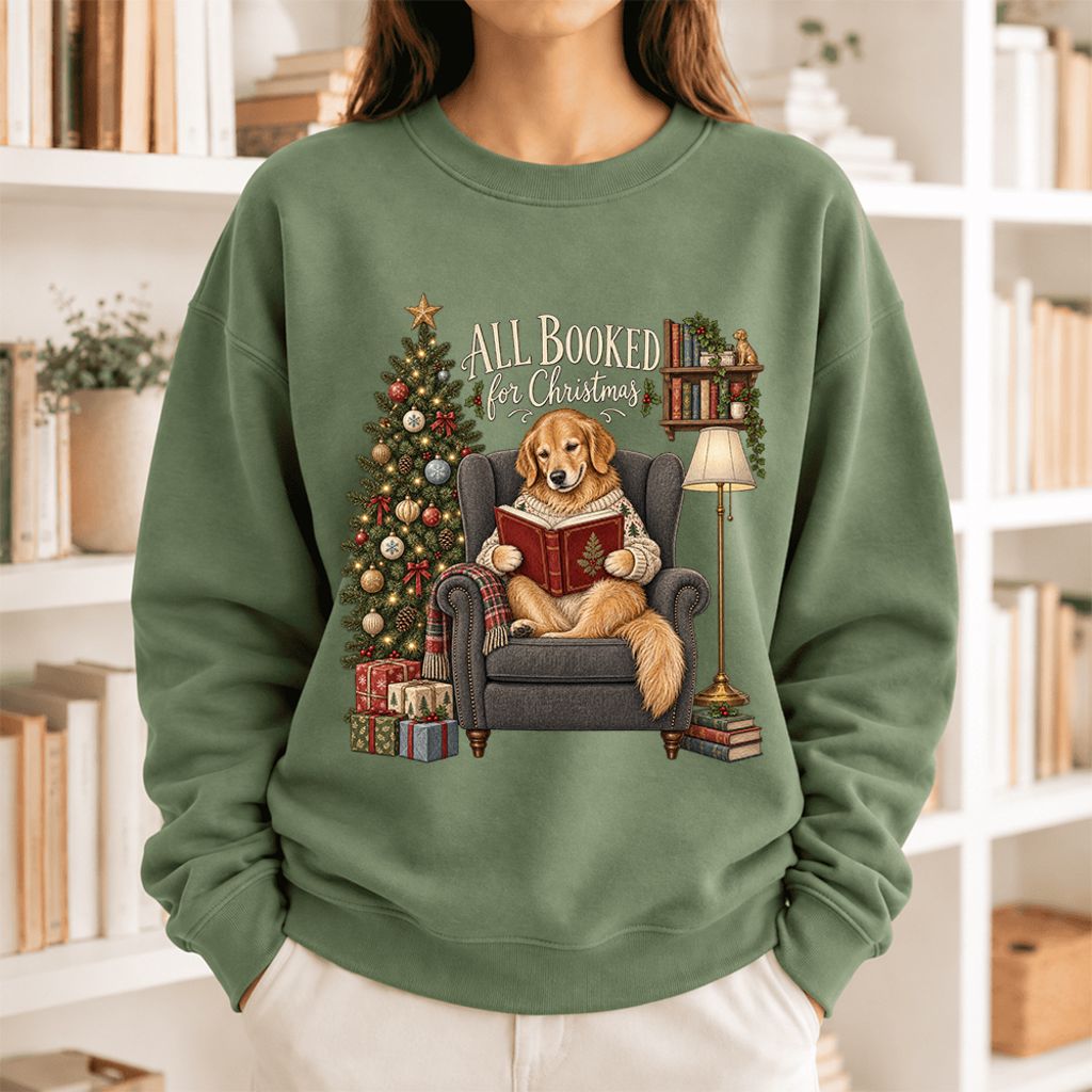 All Booked For Christmas Sweatshirt | Christmas Reader Gift Military Green