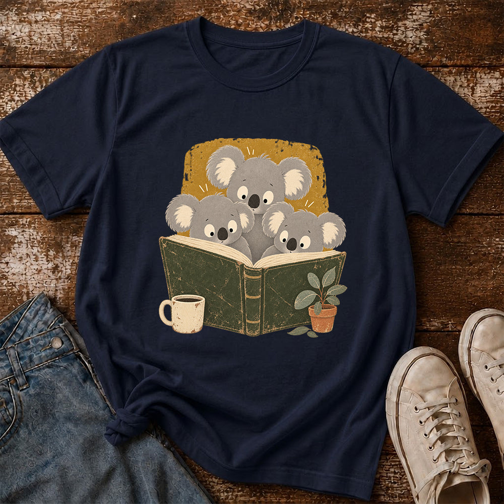 Minimal Japanese Koalas Reading Softstyle T-Shirt | Book Lover Gift Navy