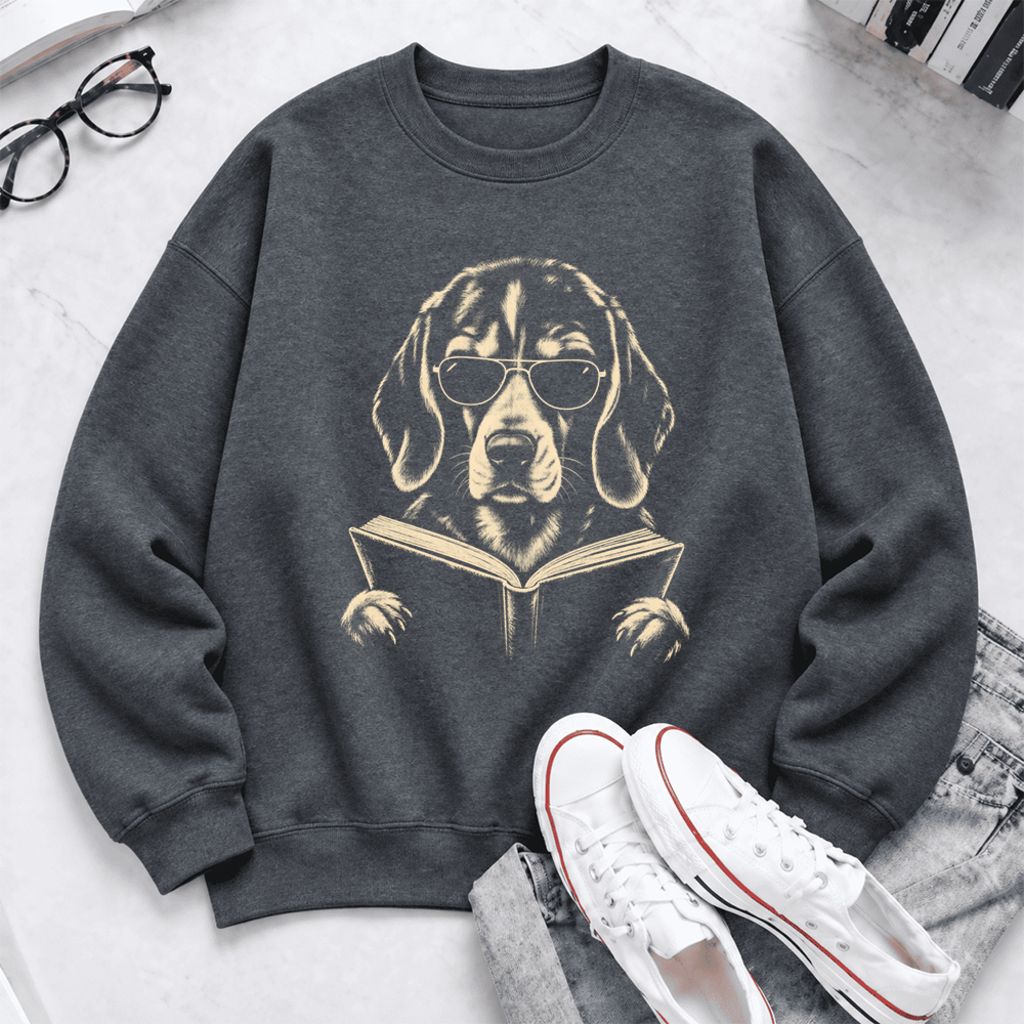 Beagle Reading Book Softstyle Sweatshirt | Dog Mom Reader Gift Dark Heather