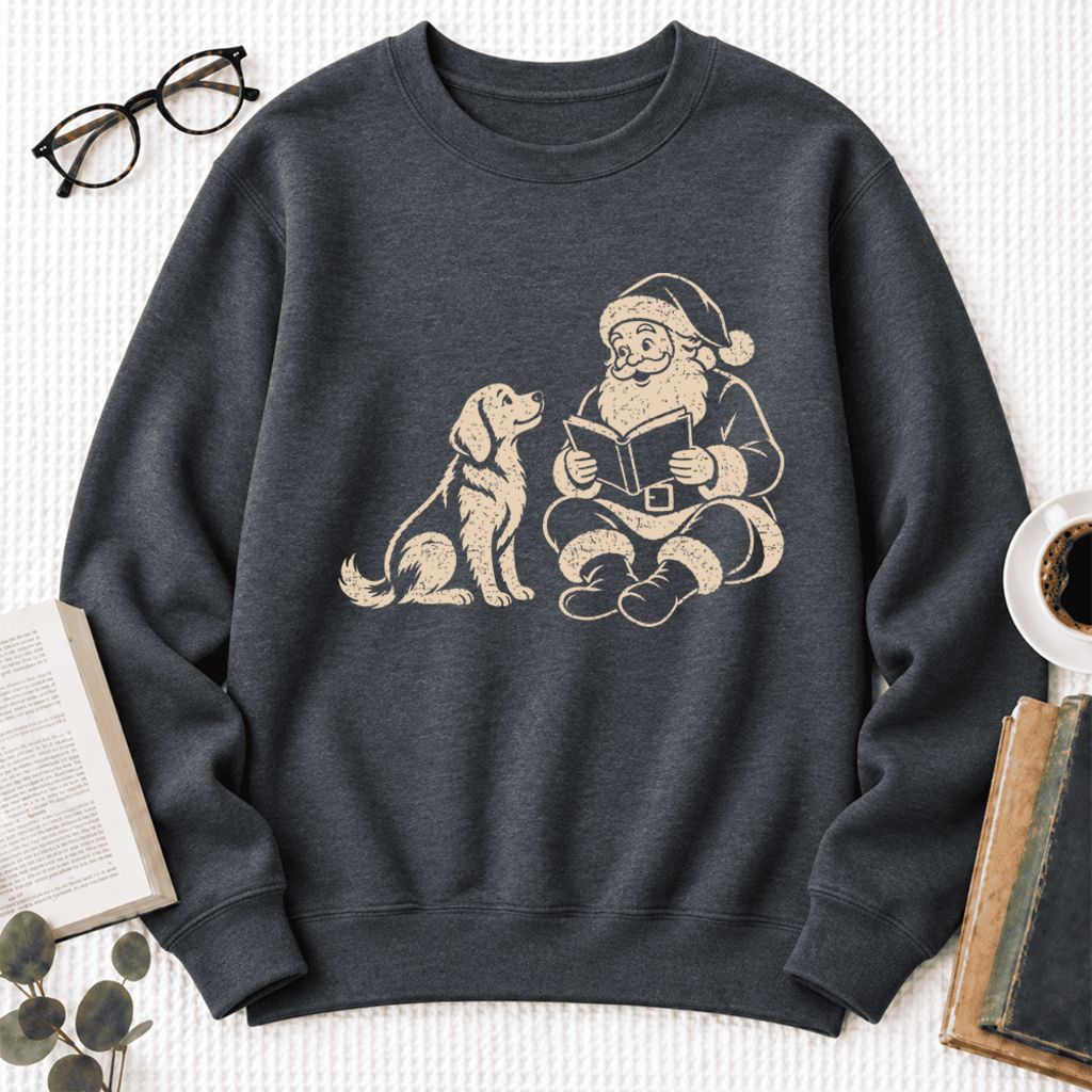 Funny Dog With Reading Santa Softstyle Sweatshirt | Christmas Book Lover Gift Dark Heather