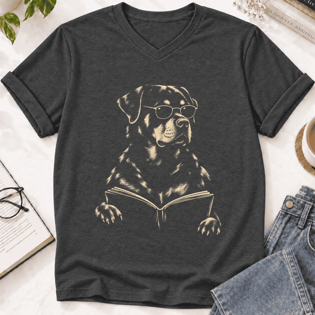 Rottweiler Reading Book Ultra-Soft V-Neck | Dog Mom Reader Gift Dark Grey Heather