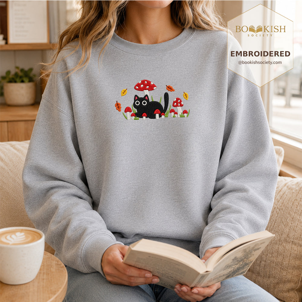 Mushroom Cat Embroidered Sweatshirt | Reader Gift Sport Grey