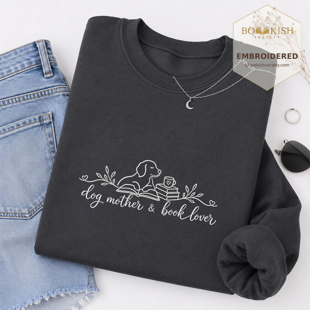 Dog Mother & Book Lover Embroidered Sweatshirt | Dog Lover & Reader Gift Dark Heather