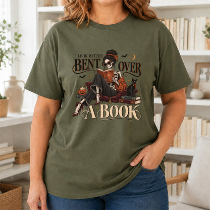 I Look Better Bent Over A Book Printed T-Shirt | Halloween Book Lover Gift Military Green