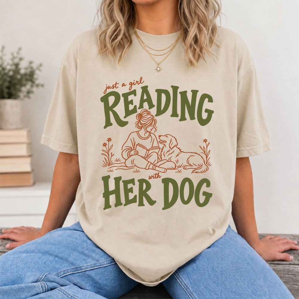 Just A Girl Reading With Her Dog Softstyle T-Shirt | Book Lover Gift Sand