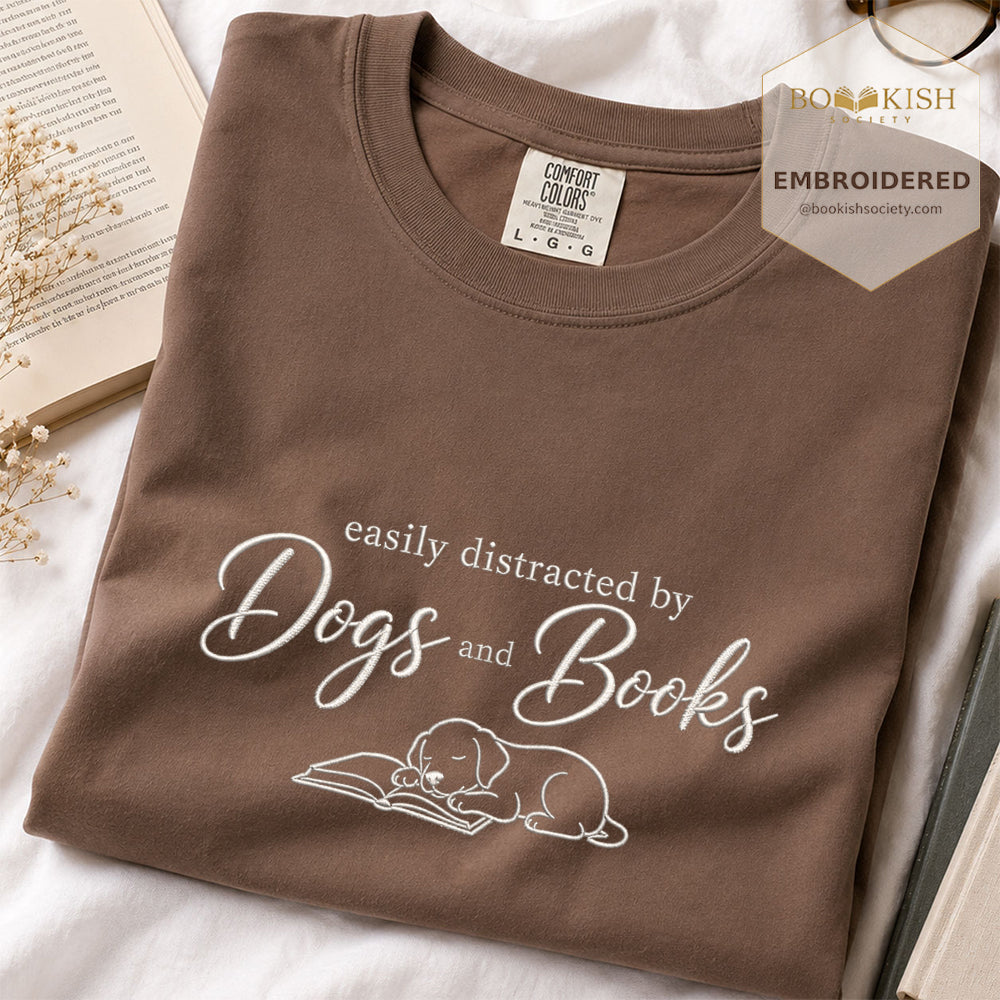 Easily Distracted By Dogs And Books Embroidered Comfort Color® T-shirt | Book Lover Gift Espresso