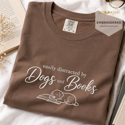 Easily Distracted By Dogs And Books Embroidered Comfort Color® T-shirt | Book Lover Gift Espresso