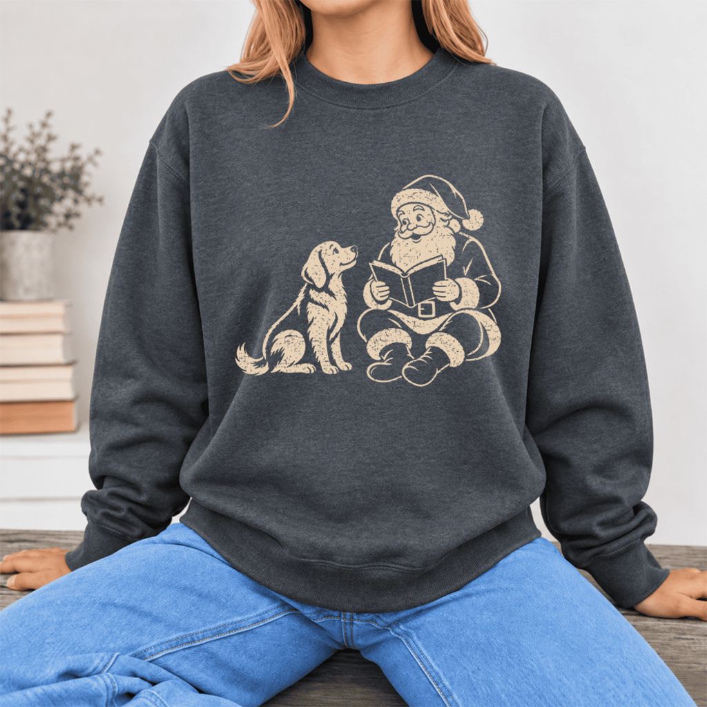 Funny Dog With Reading Santa Softstyle Sweatshirt | Christmas Book Lover Gift Dark Heather