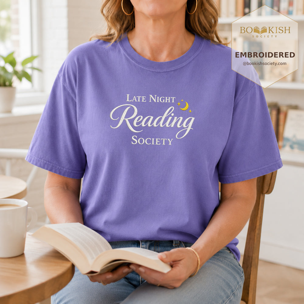 Late Night Reading Society Embroidered Comfort Color® T-shirt | Book Lover Gift Violet