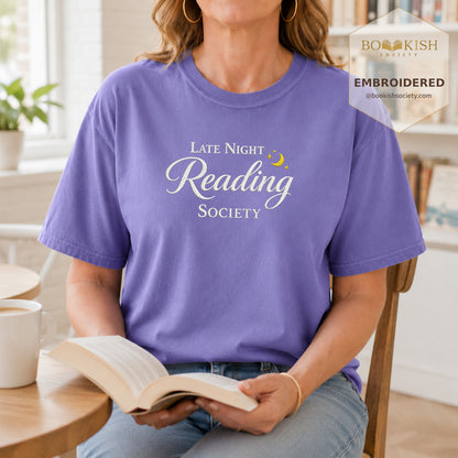 Late Night Reading Society Embroidered Comfort Color® T-shirt | Book Lover Gift Violet