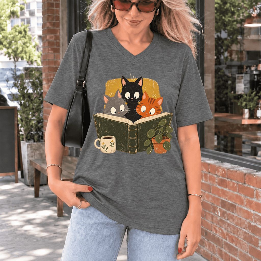 Curious Reading Cats Ultra-Soft V-Neck | Cat Lover Reader Gift Deep Heather