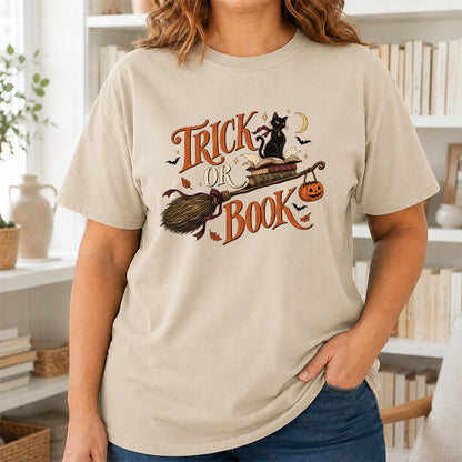 Trick Or Book Black Cat Printed T-Shirt | Halloween Book Lover Gift Sand