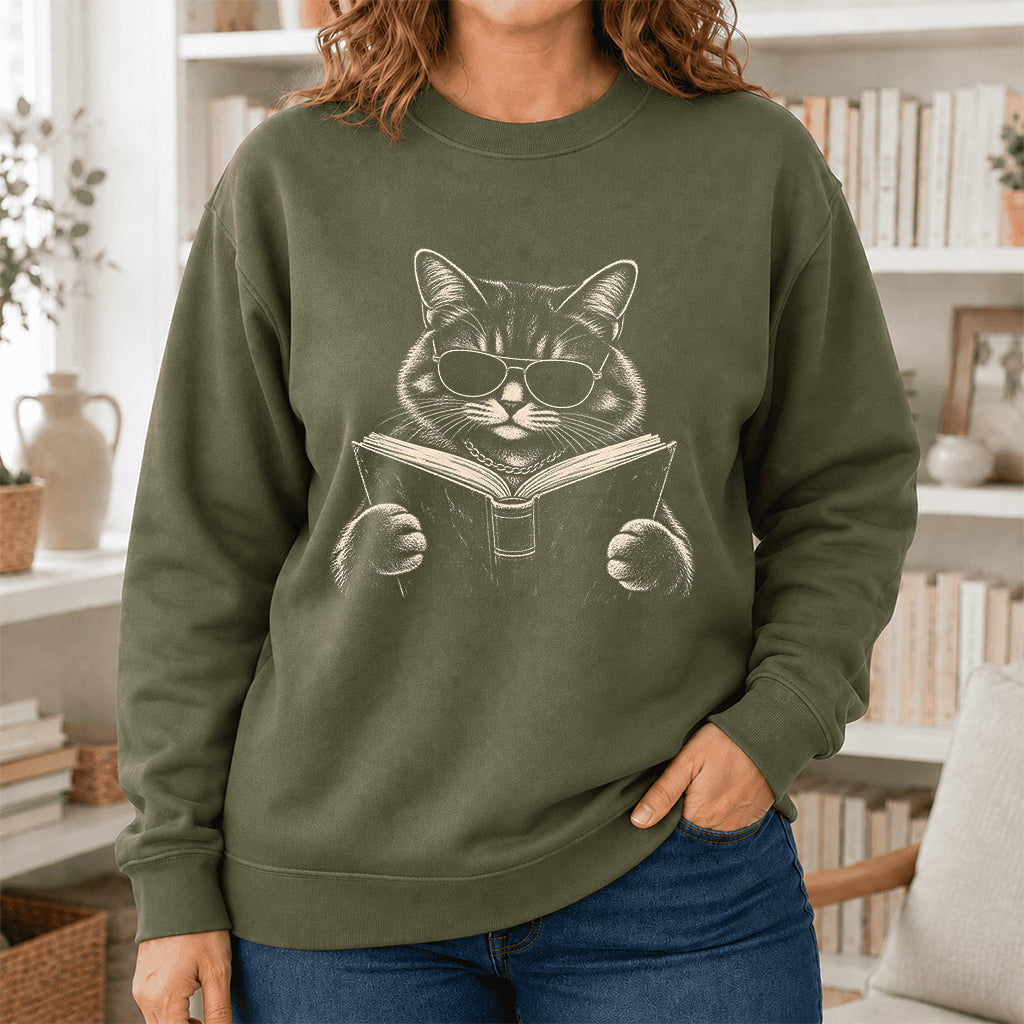 Cat Reading Book Crewneck Sweatshirt | Reader Gift Military Green