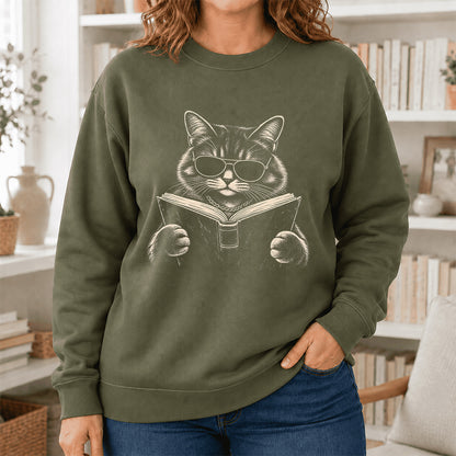 Cat Reading Book Crewneck Sweatshirt | Reader Gift Military Green