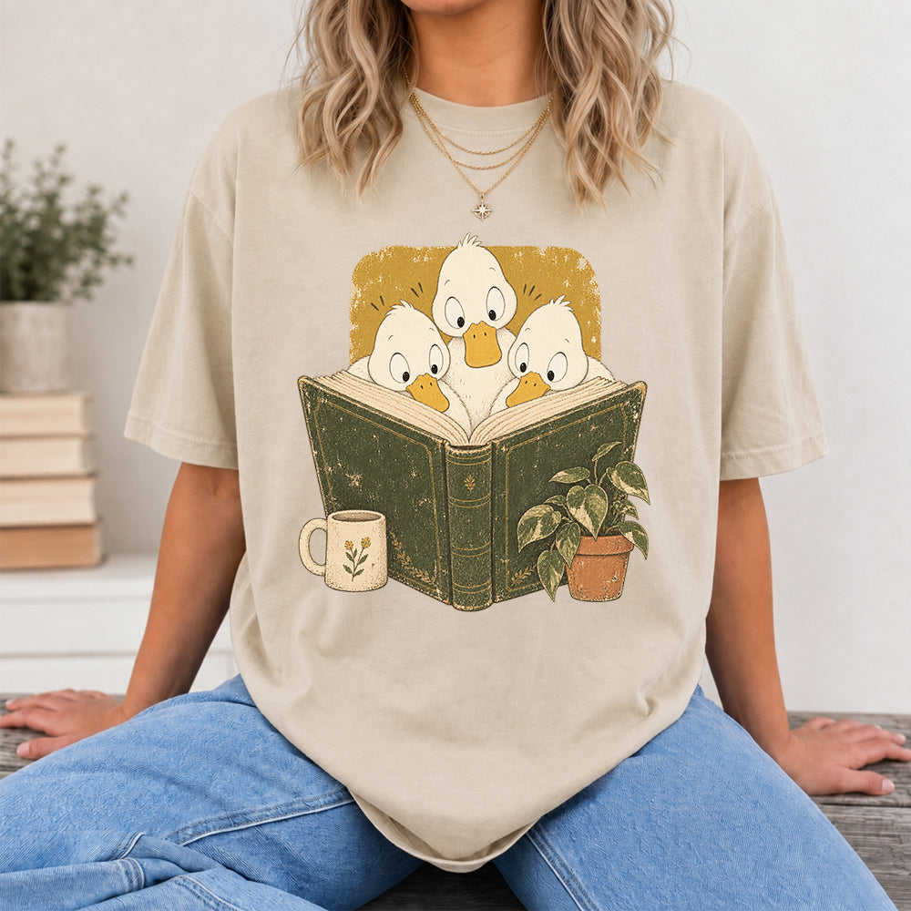 Minimal Japanese Ducks Reading Softstyle T-Shirt | Book Lover Gift Sand