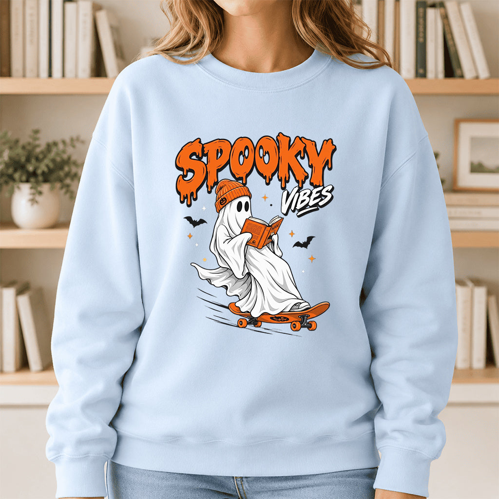 Spooky Vibes Printed Sweatshirt | Halloween Reader Gift Light Blue