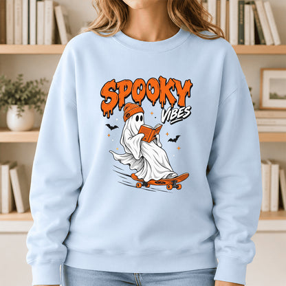 Spooky Vibes Printed Sweatshirt | Halloween Reader Gift Light Blue