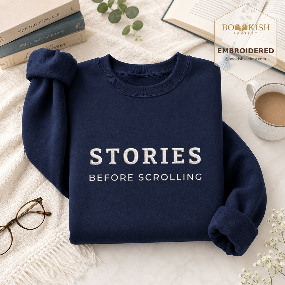 Stories Before Scrolling Embroidered Sweatshirt | Reader Gift Navy