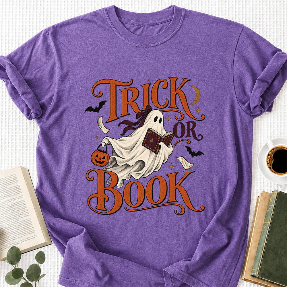Trick Or Book Ghost Printed T-Shirt | Halloween Book Lover Gift Heather Purple