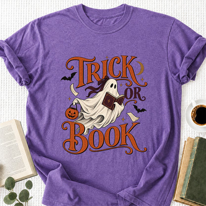 Trick Or Book Ghost Printed T-Shirt | Halloween Book Lover Gift Heather Purple