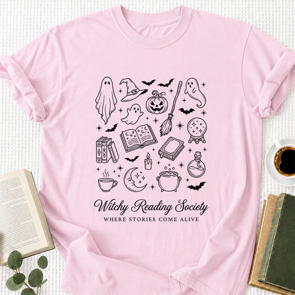 Witchy Reading Society Printed T-Shirt | Halloween Reader Gift Light Pink