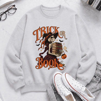 Trick Or Book Printed Sweatshirt | Halloween Book Lover Gift Sport Grey