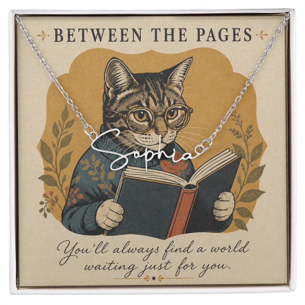 Cat Reading Between The Pages Decorative Card And Custom Name Polished Stainless Steel Necklace With Box Book Lover Gift Font 2