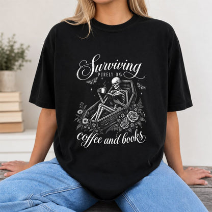 Surviving Purely On Coffee And Books Printed T-Shirt | Halloween Book Lover Gift Black