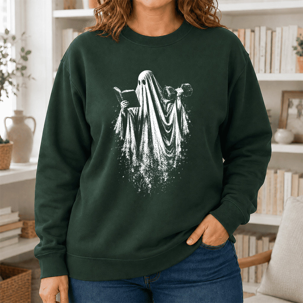 Reading Gym Ghost Printed Sweatshirt | Halloween Book Lover Gift Forest Green