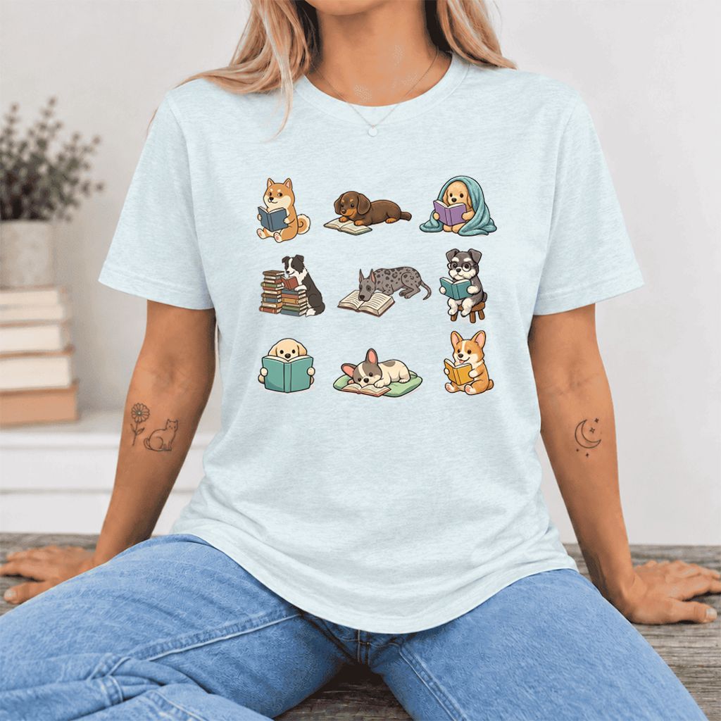 Funny Reading Dogs Ultra-Soft Cotton T-Shirt | Dog Mom Reader Gift Heather Ice Blue