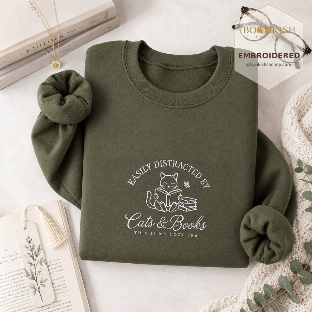 Easily Distracted By Cats And Books V2 Embroidered Sweatshirt | Reader Gift Military Green