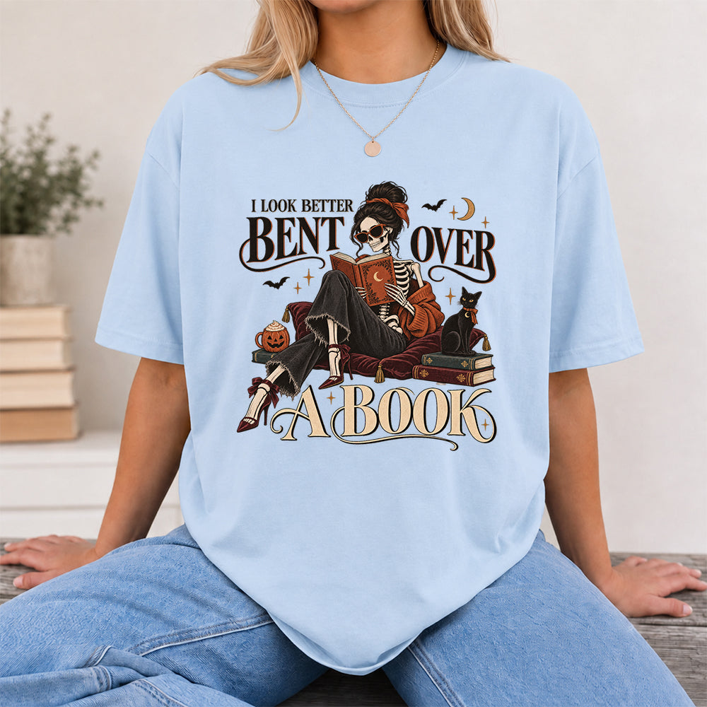 I Look Better Bent Over A Book Printed T-Shirt | Halloween Book Lover Gift Light Blue