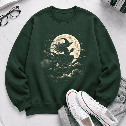 Reading Witch On The Flying Broom Printed Sweatshirt | Halloween Reader Gift Forest Green