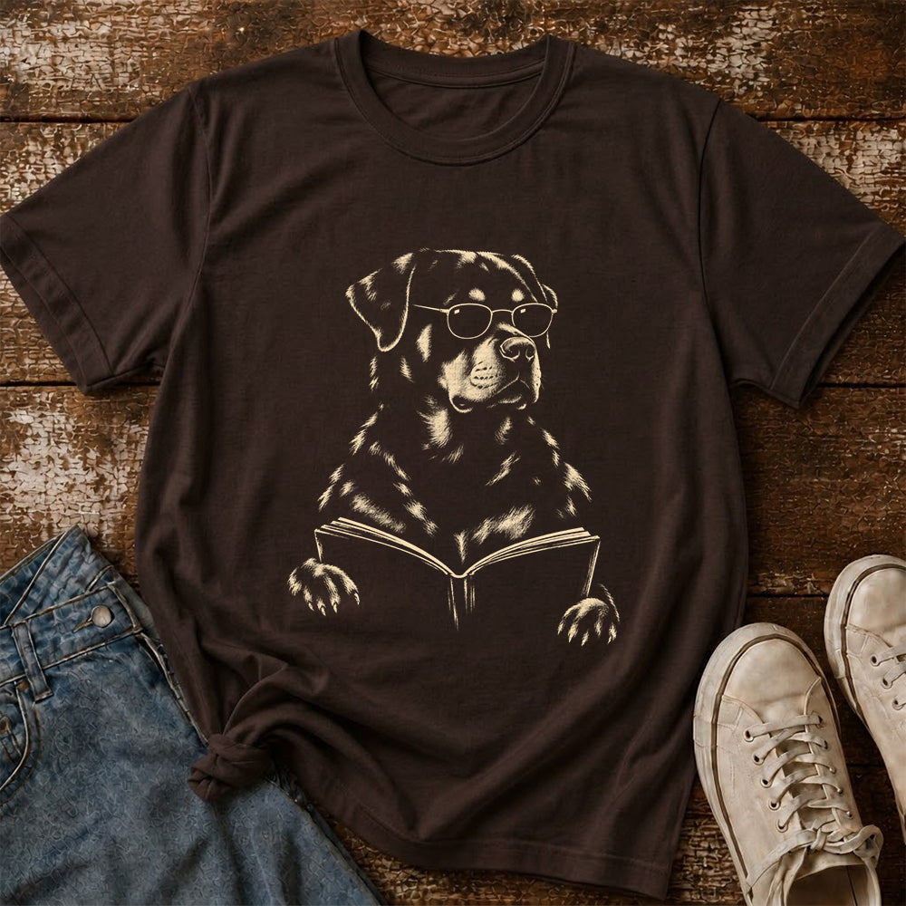Rottweiler Reading Book Softstyle T-Shirt | Book Lover Gift Dark Chocolate