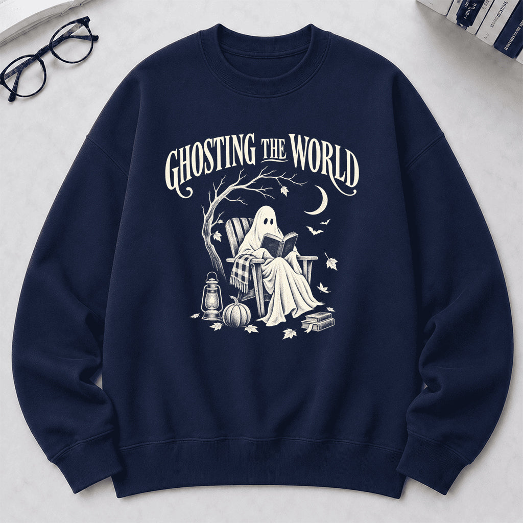 Ghosting The World Crewneck Sweatshirt | Halloween Reader Gift Navy