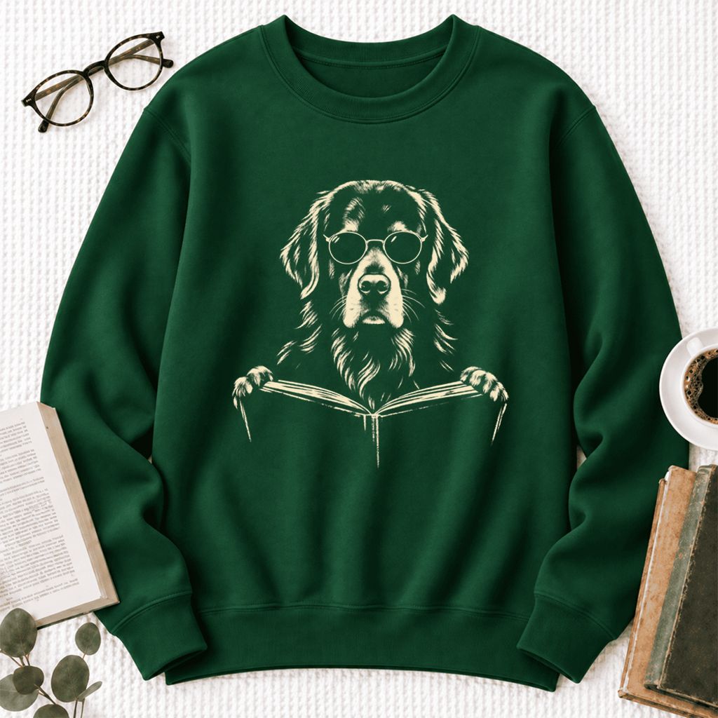 Golden Retriever Reading Book Softstyle Sweatshirt | Golden Retriever Gift Forest Green