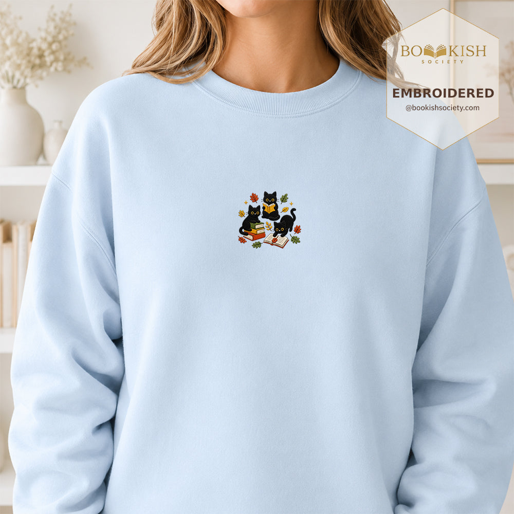 Cat Catching Leaves Embroidered Sweatshirt | Reader Gift Light Blue