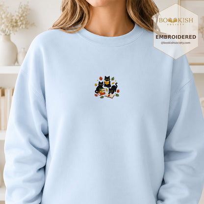 Cat Catching Leaves Embroidered Sweatshirt | Reader Gift Light Blue