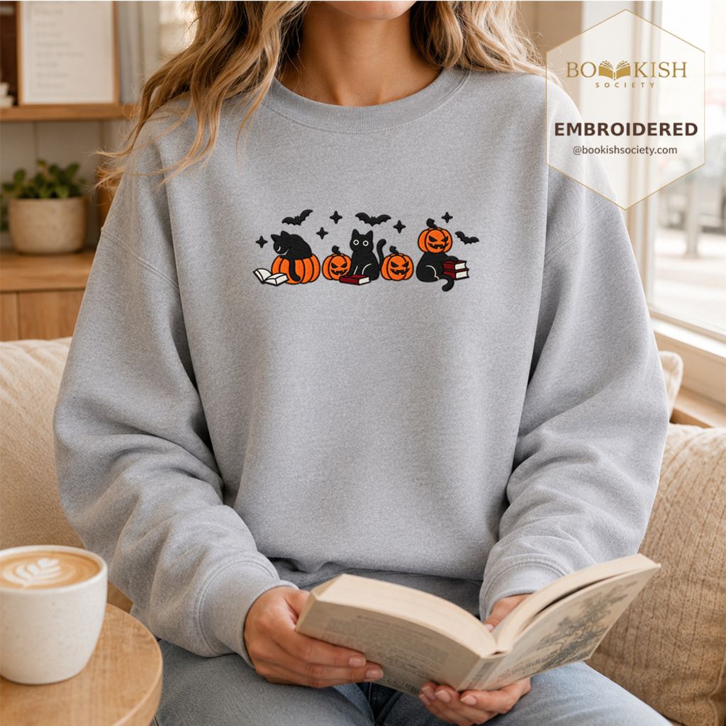 Black Cats And Halloween Embroidered Sweatshirt | Spooky Book Lover Gift Sport Grey
