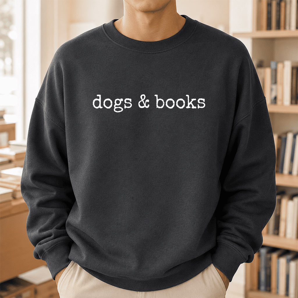 Dogs & Books Crewneck Sweatshirt | Dog Lover & Reader Gift Dark Heather