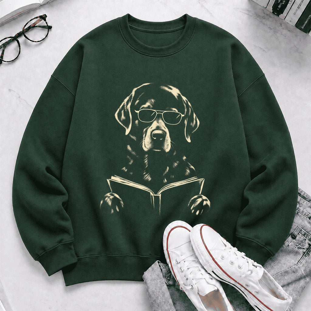 Labrador Retriever Reading Book Crewneck Sweatshirt | Reader Gift Forest Green