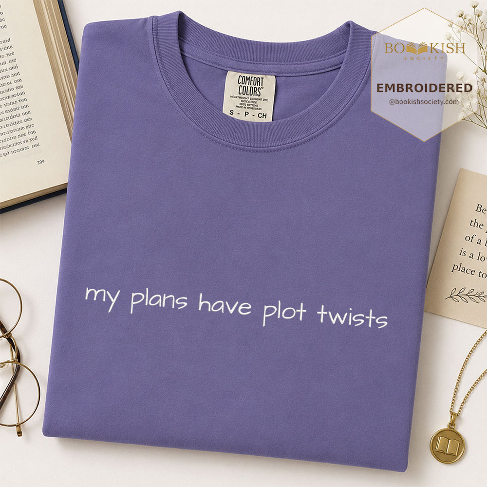 Embroidered My Plans Have Plot Twists Comfort Color® T-shirt Book Lover Gift Grape