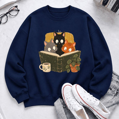 Curious Reading Cats Softstyle Sweatshirt | Cozy Book Lover Gift Navy