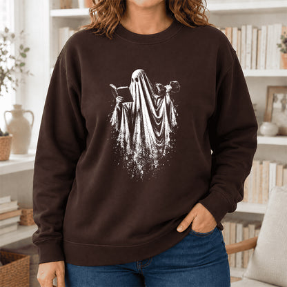 Reading Gym Ghost Printed Sweatshirt | Halloween Book Lover Gift Dark Chocolate