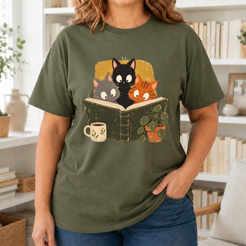 Minimal Japanese Cats Reading Softstyle T-Shirt | Book Lover Gift Military Green