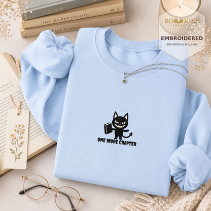 One More Chapter Devil Cat Embroidered Sweatshirt | Halloween Book Lover Gift Light Blue
