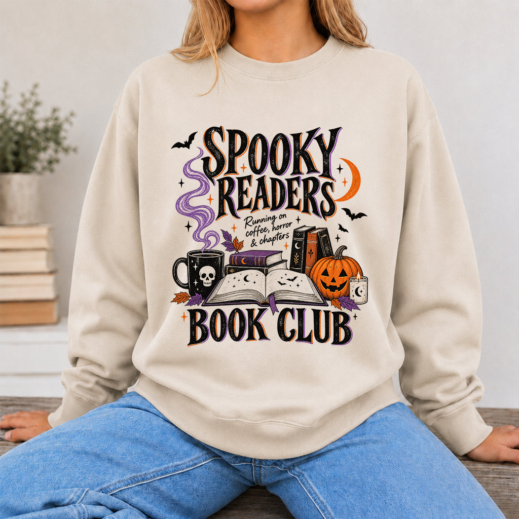 Spooky Readers Book Club Printed Sweatshirt | Halloween Book Lover Gift Sand