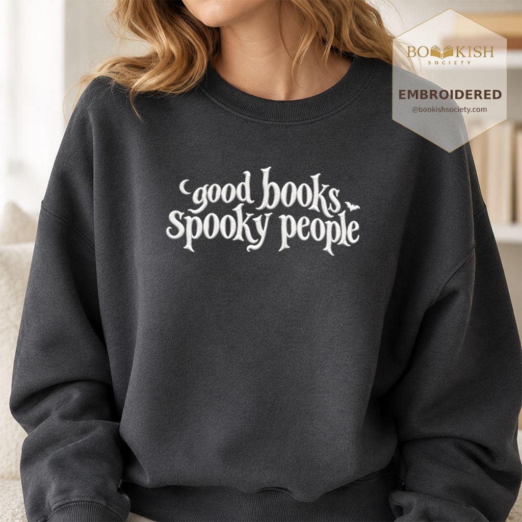 Good Books Spooky People Embroidered Sweatshirt | Halloween Book Lover Gift Dark Heather
