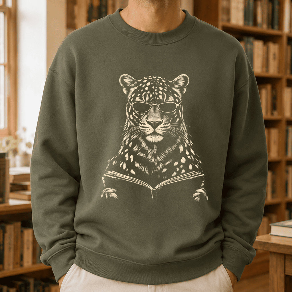 Leopard Reading Book Crewneck Sweatshirt | Reader Gift Military Green